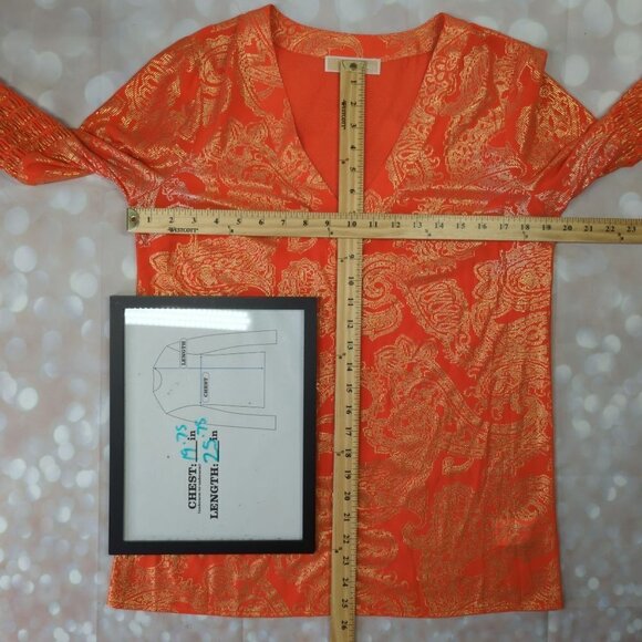 MICHAEL KORS Poppy Gold SAMARA Bell Sleeve V Neck Blouse, Women's Small - Picture 10 of 12